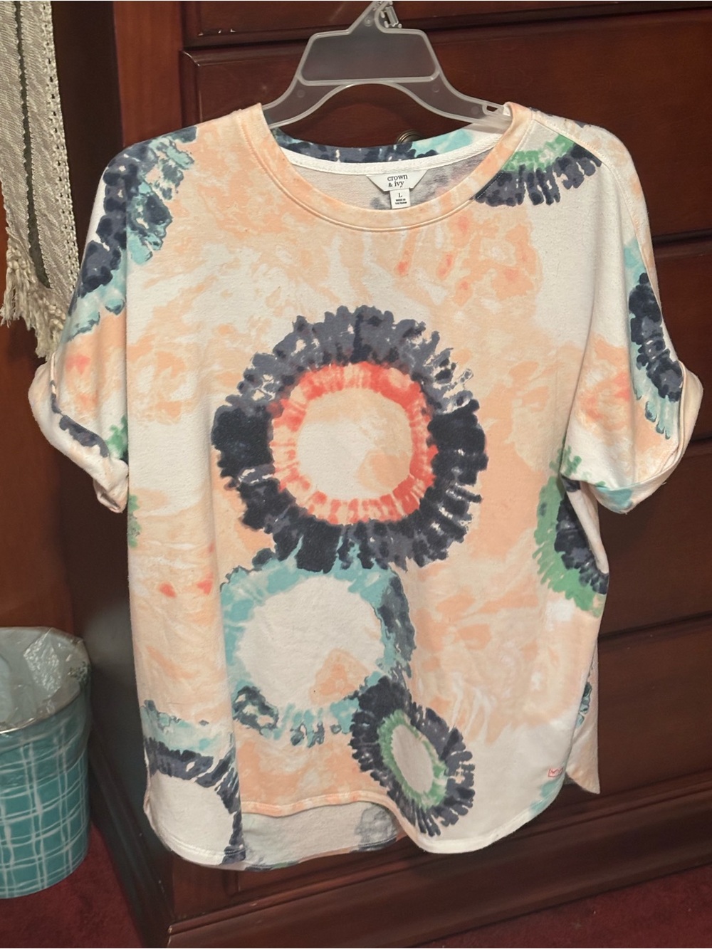Crown & Ivy Peach Tie-Dye Short Sleeve Tee with Navy & Teal Rings